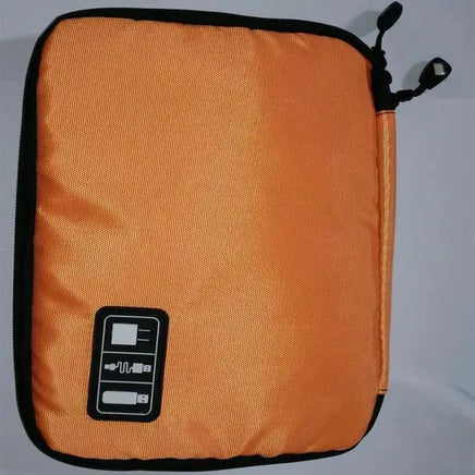 Orange portable gadget organizer bag featuring dual zippers and a label for organizing electronic accessories.