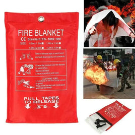 Fire Blanket Emergency Fiberglass Cloth in red packaging with usage instructions, shown in action extinguishing flames and protecting individuals.