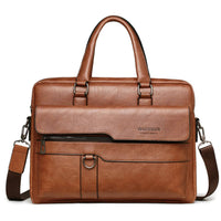 Brown men briefcase bag featuring a sleek design, front zipper pocket, and adjustable shoulder strap for versatile carrying.