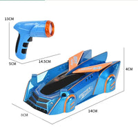 Blue anti gravity car toy with laser remote control, showcasing dimensions of 14.5cm length, 8cm width, and 4cm height.