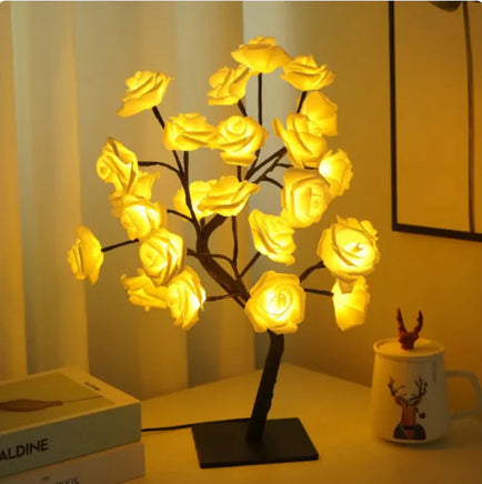 Romantic Rose Tree Lamp with warm yellow LED lights, creating a serene and romantic ambiance, perfect for bedroom decor.