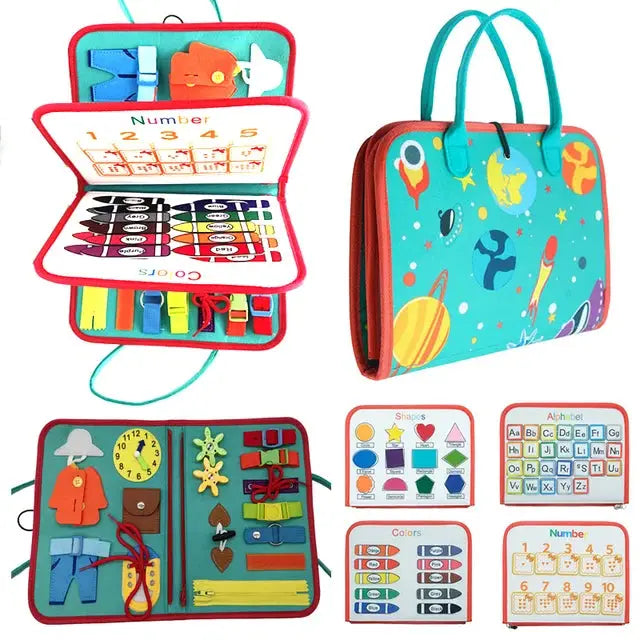 Montessori sensory board with colorful interactive activities, including numbers, alphabet, colors, and zippers, designed to engage children's senses and promote learning.