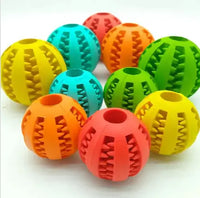 Set of colorful interactive rubber slow feeder dog balls in various sizes, perfect for chewing, treat dispensing, and play.