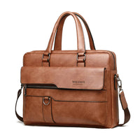 Light brown men briefcase bag with a modern design, front compartments, and durable handles for everyday business needs.