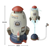 Rocket Launcher Toy dimensions displayed, featuring a space-themed design and water spray functionality for outdoor play.