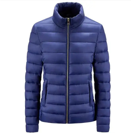 Simple Women's Stand-up Collar Puffer Jacket in classic black with a zip-up front. A timeless and windproof jacket for winter outings.