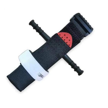 Compact emergency tourniquet with a durable strap and windlass rod, designed for quick and effective first aid.