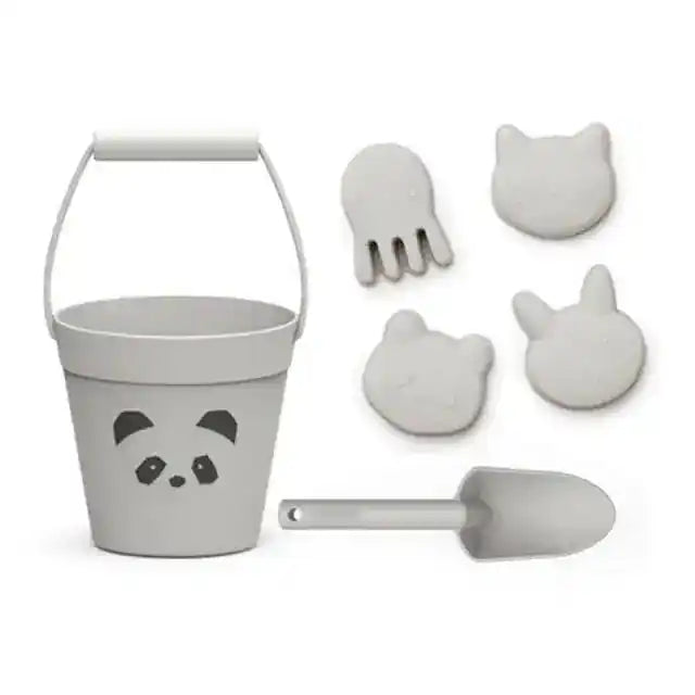 Grey panda-themed beach toy set with a bucket, shovel, and animal-shaped sand molds, designed for children's summer beach fun.