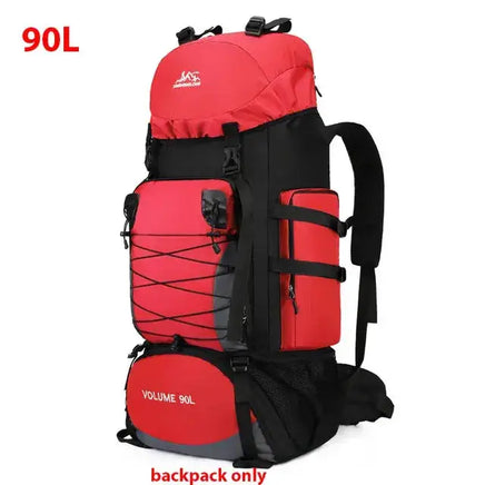 Red 90L outdoor travel backpack with durable construction and multiple compartments, ideal for outdoor adventures and travel.