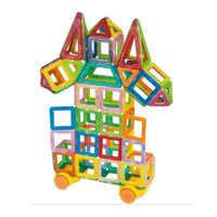 Mini Magnet Toys Building Blocks assembled into a colorful structure on wheels, demonstrating fun and interactive building options.