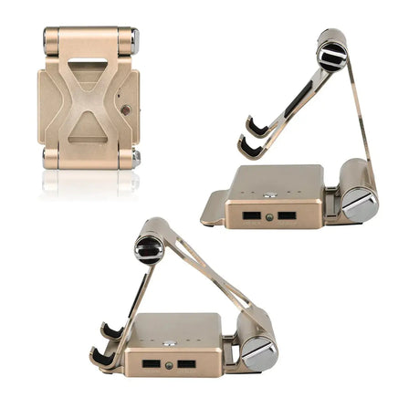 Gold podium style stand with foldable design, adjustable angles, and USB charging ports for tablets and smartphones.