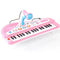 Pink 37-key electronic piano toy for kids with built-in microphone and colorful control buttons, ideal for early music educat