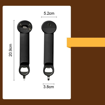 Black stainless steel labor-saving cap screw gadget with dimensions 20.9cm x 5.2cm x 3.8cm, ideal for kitchen use and easy storage.