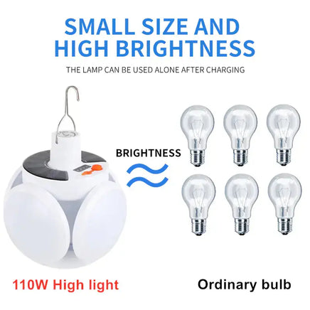 High-brightness solar lantern with 110W LED light, compared to ordinary bulbs, suitable for outdoor and emergency lighting.