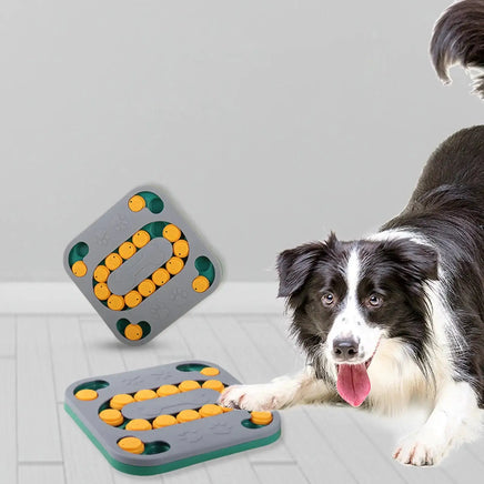 Border Collie playing with a gray and yellow interactive dog puzzle toy, ideal for mental stimulation and treat rewards.