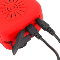 Red emergency radio with USB and charging ports, showcasing its connectivity features.