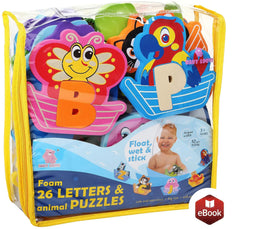 Foam bath toys set with 26 colorful letters and animal puzzles in a transparent storage bag, suitable for boys and girls, non-toxic and wet-stick.