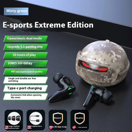 Camouflage-themed Bluetooth headset with gaming features, 20-hour playtime, and Type-C charging for side sleeping and e-sports use.