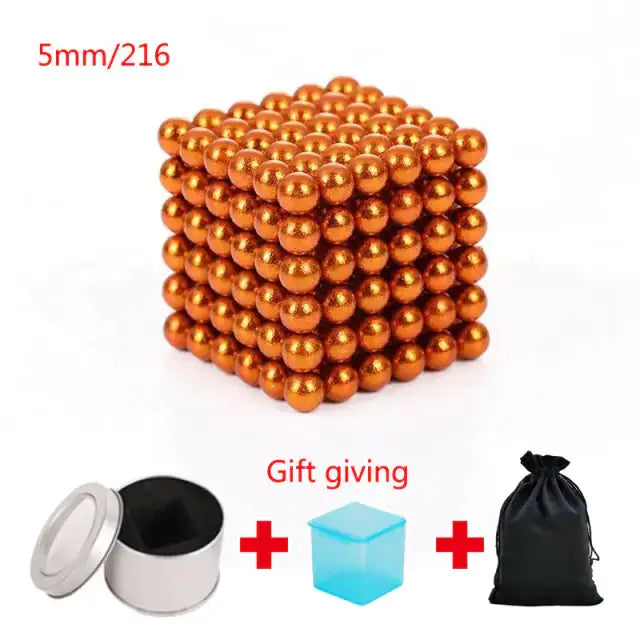 Orange magnetic metal balls in a 5mm cube set of 216 pieces, with a storage tin, gift box, and pouch included.
