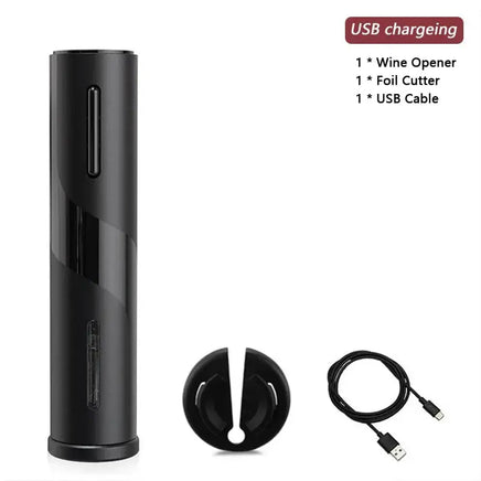 USB rechargeable black wine opener set with foil cutter and USB cable, offering a sleek and modern design for wine enthusiasts.