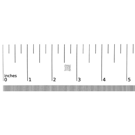 14K white gold princess cut lab-grown diamond solitaire stud earring displayed next to a ruler for size reference, showcasing its small and elegant design.