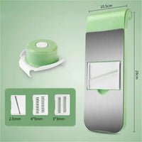 Green handheld slicer with three interchangeable blades, designed for precise vegetable slicing in various thicknesses.