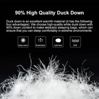 Close-up of high-quality 90% white duck down filling, highlighting warmth, breathability, and softness. Ensures comfort in extreme environments.