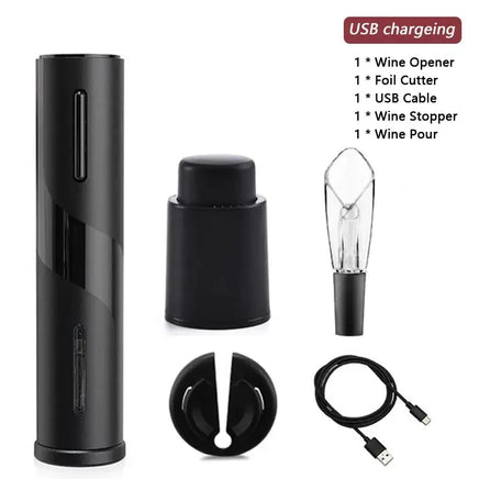 USB rechargeable black electric wine opener set with foil cutter, wine pourer, stopper, and USB cable for versatile use.