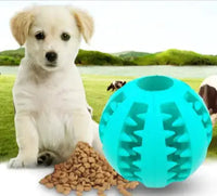 Turquoise interactive rubber slow feeder dog ball with a puppy and kibble, highlighting its treat-dispensing feature.