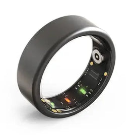 Black multifunctional health tracker ring with advanced sensors for fitness and wellness monitoring.