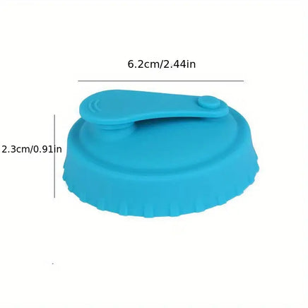 Blue silicone can lid with dimensions 6.2cm x 2.3cm shown. Leak-proof and reusable for sealing beverage cans securely.