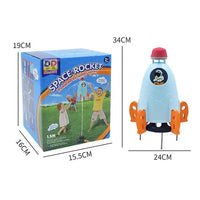 Space Rocket Launcher Toy with packaging dimensions, showcasing water spray feature and colorful design for kids.