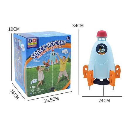 Space Rocket Launcher Toy with packaging dimensions, showcasing water spray feature and colorful design for kids.