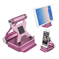 Purple podium style stand holding an iPad and smartphone, featuring adjustable angles and extended battery with USB ports.