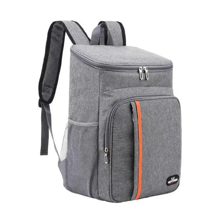 Gray portable thermal lunch bag with orange stripe, insulated compartments, and mesh side pockets for convenient meal storage.