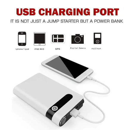 Car jump starter used as a power bank, charging a smartphone via USB port, highlighting its multifunctional design.