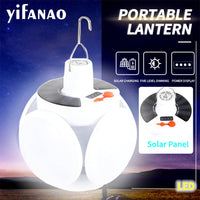 Portable solar outdoor lantern with LED panels, solar charging, five-level dimming, and power display for camping and emergencies.