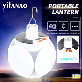 Portable solar outdoor lantern with LED panels, solar charging, five-level dimming, and power display for camping and emergencies.