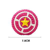 Pink and yellow circular squeaky dog toy with a star design, measuring 7.8 cm, ideal for keeping pets entertained.