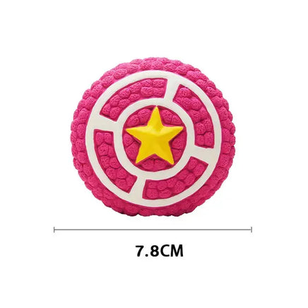 Pink and yellow circular squeaky dog toy with a star design, measuring 7.8 cm, ideal for keeping pets entertained.