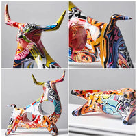 Close-up collage of Modern Art Graffiti Cow Figurines showcasing vibrant graffiti patterns and artistic details.