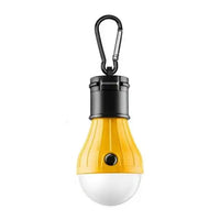 Yellow emergency light bulb with carabiner hook for portable use. Durable and lightweight for camping and emergency lighting.