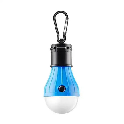 Blue emergency light bulb with carabiner hook for easy hanging. Ideal for camping, hiking, and emergency lighting situations.