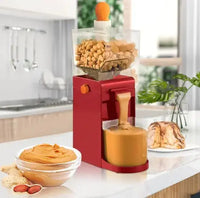 Electric Peanut Butter Grinder in a modern kitchen, dispensing fresh peanut butter into a container, surrounded by bread and peanuts.