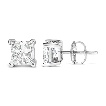 Side profile of 14K white gold princess cut lab-grown diamond stud earrings with a sturdy four-prong setting and screw-back posts.