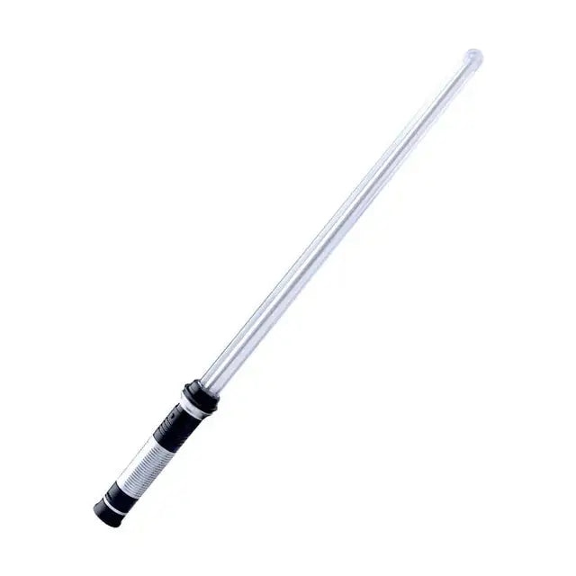 Lightsaber toy for children with a sleek silver blade and black-and-white hilt, perfect for imaginative play and epic battles.