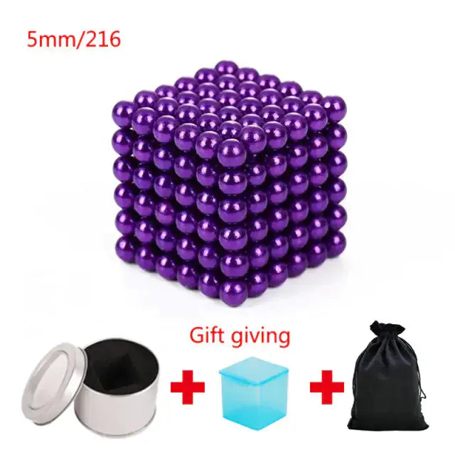 Purple magnetic metal balls in a 5mm cube set of 216 pieces, with a storage tin, gift box, and pouch included.