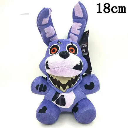 Purple rabbit NAF plush toy with sharp teeth and stitched details, perfect for collectors, 18cm tall.