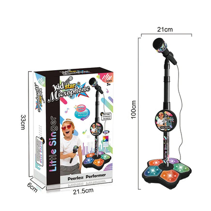 Kids Microphone with Stand featuring adjustable height, colorful lights, and interactive buttons. Includes packaging with vibrant design and dimensions.