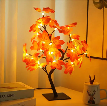 Romantic Rose Tree Lamp with orange autumn leaves and warm LED lights, ideal for seasonal and cozy bedroom decor.